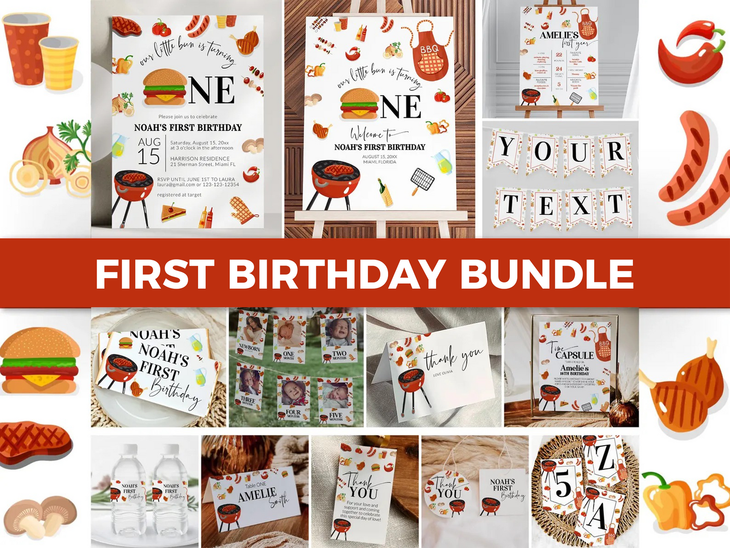 BBQ Burger Birthday Invitation Bundle, BBQ Bun Summer Boy Invite Template Set for Backyard Barbecue, Printable BBQ Party Decoration #072a