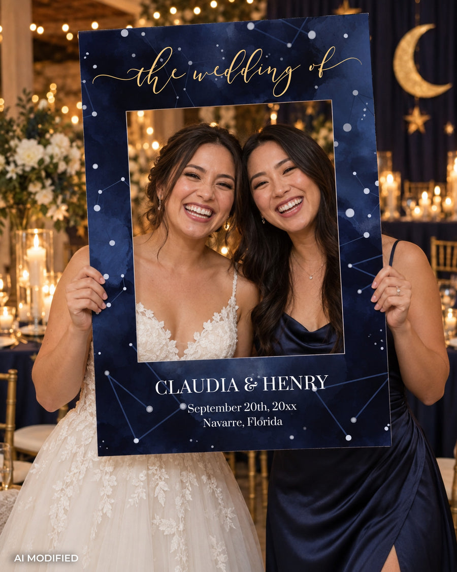 Celestial Photo Booth Selfie Frame Template, Navy Gold Under the Stars