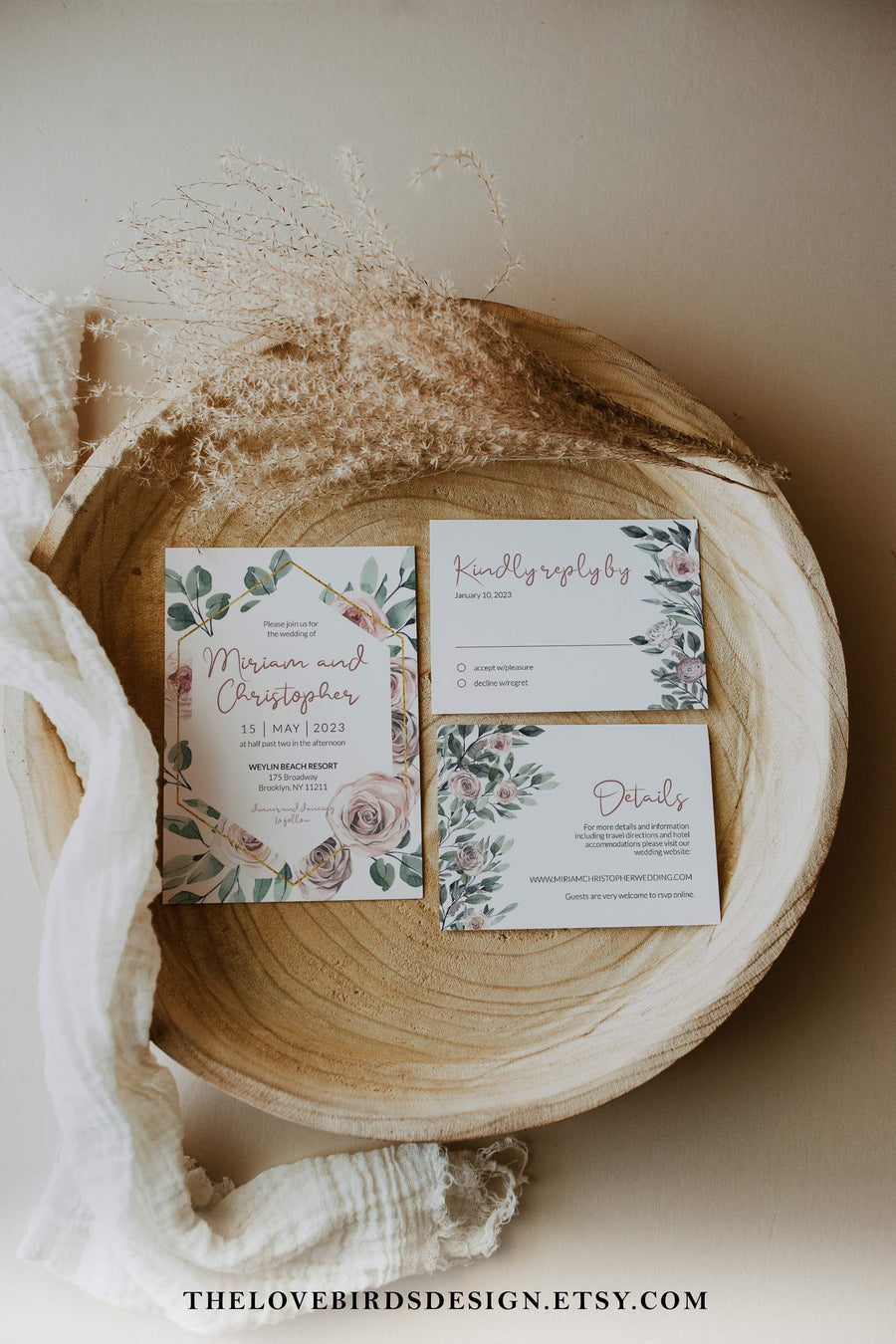 Wedding Invitation Template for Whimsical Wedding with Dusty Roses and Greenery #075 - marryful.org
