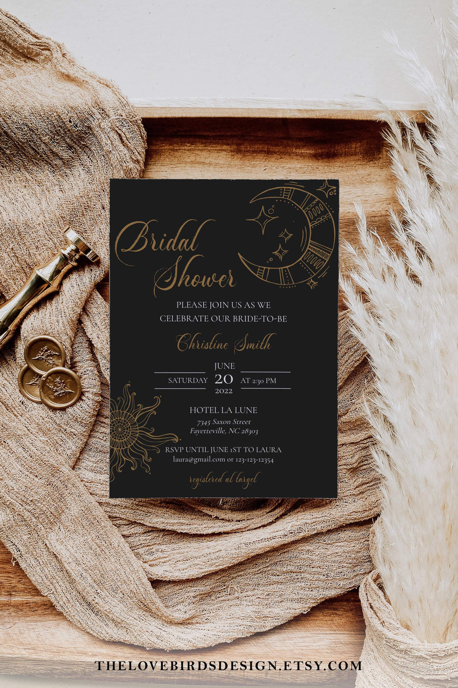 Celestial Bridal Shower Invitation Template, Black and Gold Bachelorette Party Invite 062CE-BRSINV - marryful.org