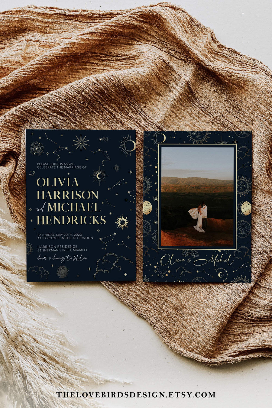 Mystical Celestial Wedding Invitation Template, Blue and Gold Sun Moon Design 063CE-WEINV - marryful.org