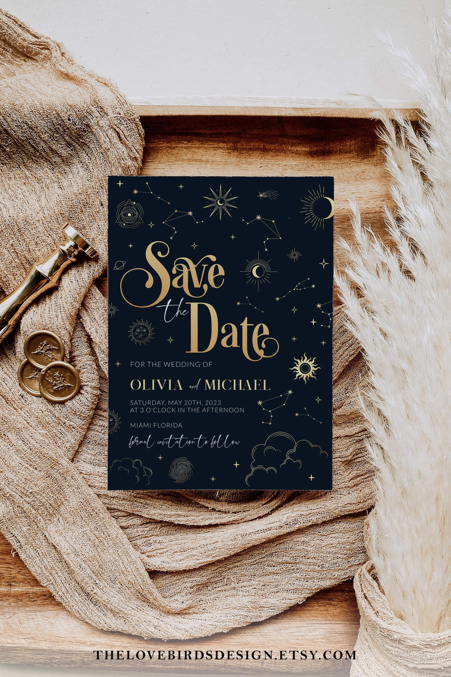 Celestial Save the Date Template, Gold Star Moon Wedding Invitation Printable 063CE-STD - marryful.org
