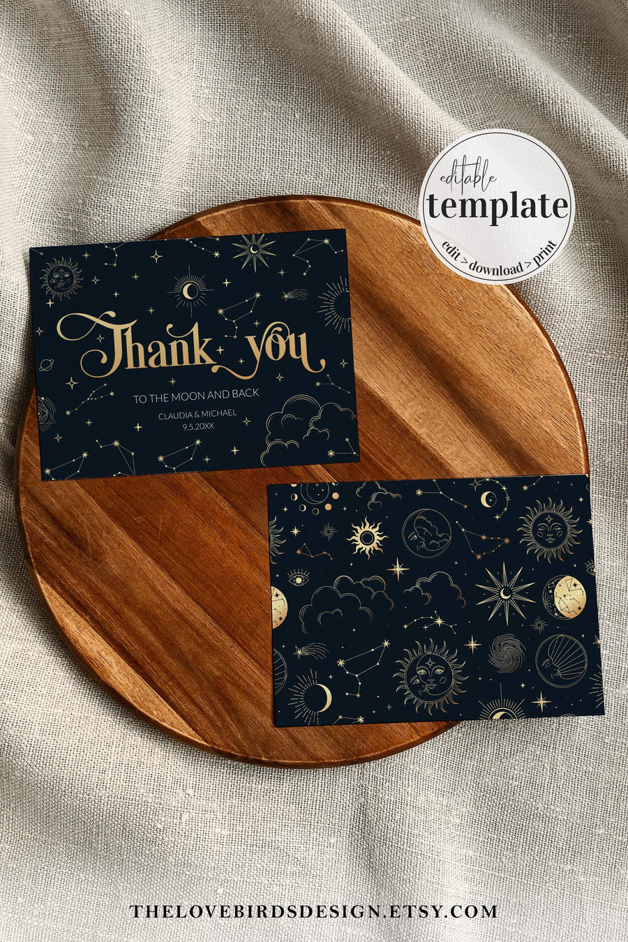 Celestial Wedding Thank You Card, Moon Stars Tarot Inspired Printable Template 063CE-THCA - marryful.org