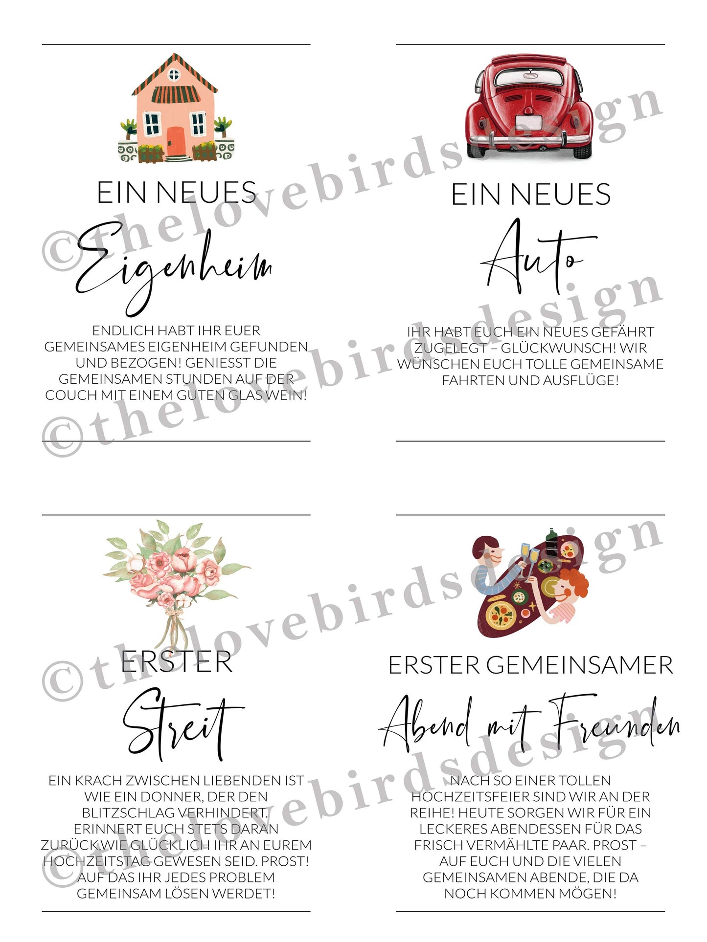 GERMAN Marriage Milestone Wine Tags, Year of Firsts Wine Basket Tags, Wedding Milestone Wine Label Wedding Gift - TheLovebirdsDesign