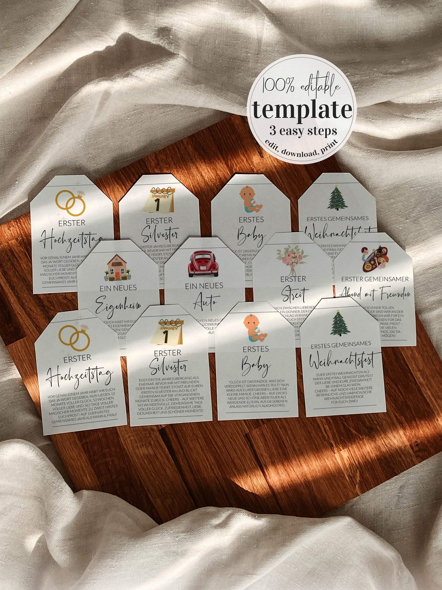 GERMAN Marriage Milestone Wine Tags, Year of Firsts Wine Basket Tags, Wedding Milestone Wine Label Wedding Gift - TheLovebirdsDesign