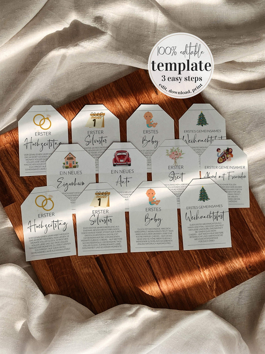 Marriage Milestone Wine Tags, Year of Firsts, German Printable Wedding Gift - marryful.org