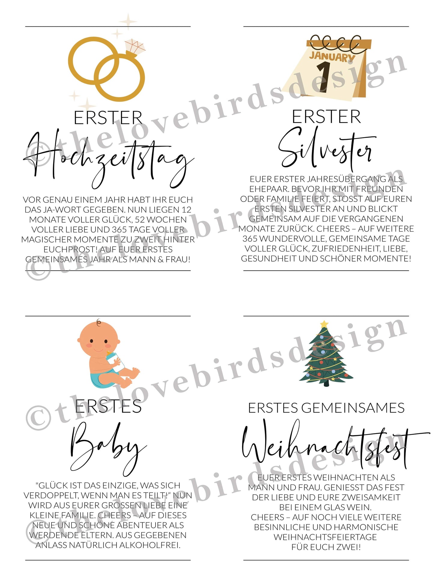 GERMAN Marriage Milestone Wine Tags, Year of Firsts Wine Basket Tags, Wedding Milestone Wine Label Wedding Gift - TheLovebirdsDesign