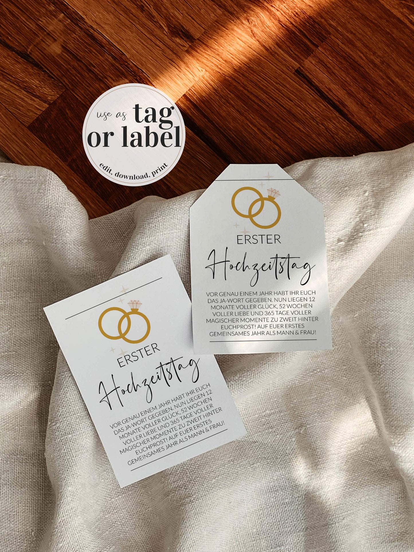 GERMAN Marriage Milestone Wine Tags, Year of Firsts Wine Basket Tags, Wedding Milestone Wine Label Wedding Gift - TheLovebirdsDesign