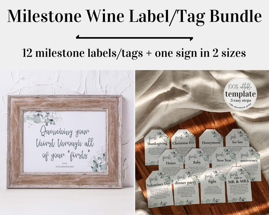 Bundle: Marriage Milestone Wine Tags and Matching Sign, Year of firsts wine gift basket digital template #002 - marryful.org