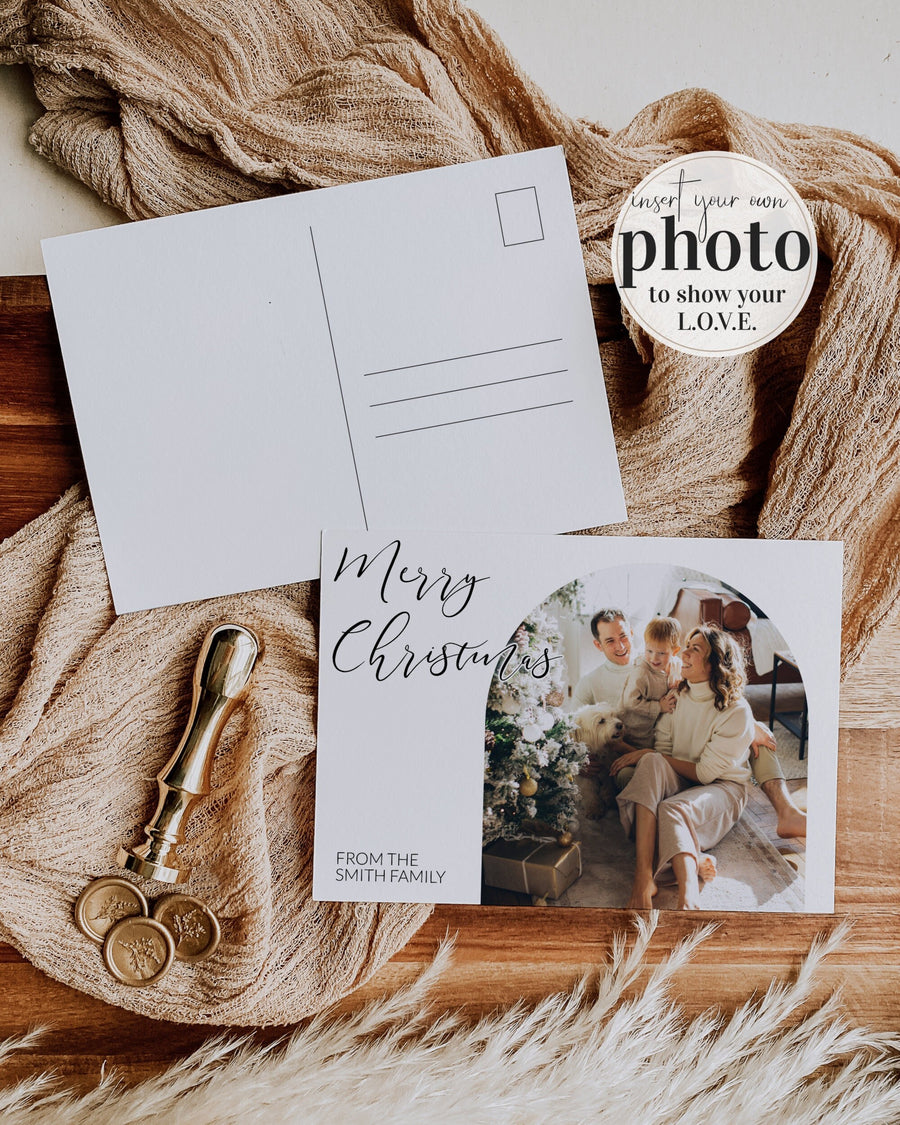 Family Christmas Photo Card 2026, Editable Single 5x7 Holiday Postcard Template 095BW-PHCA