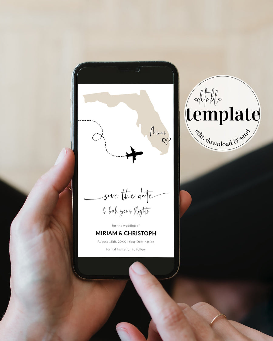 FLORIDA Destination Wedding Save the Date Evite, Map Save the Date Text Invitation, Phone Invitation, Electronic Invitation #072w - marryful.org
