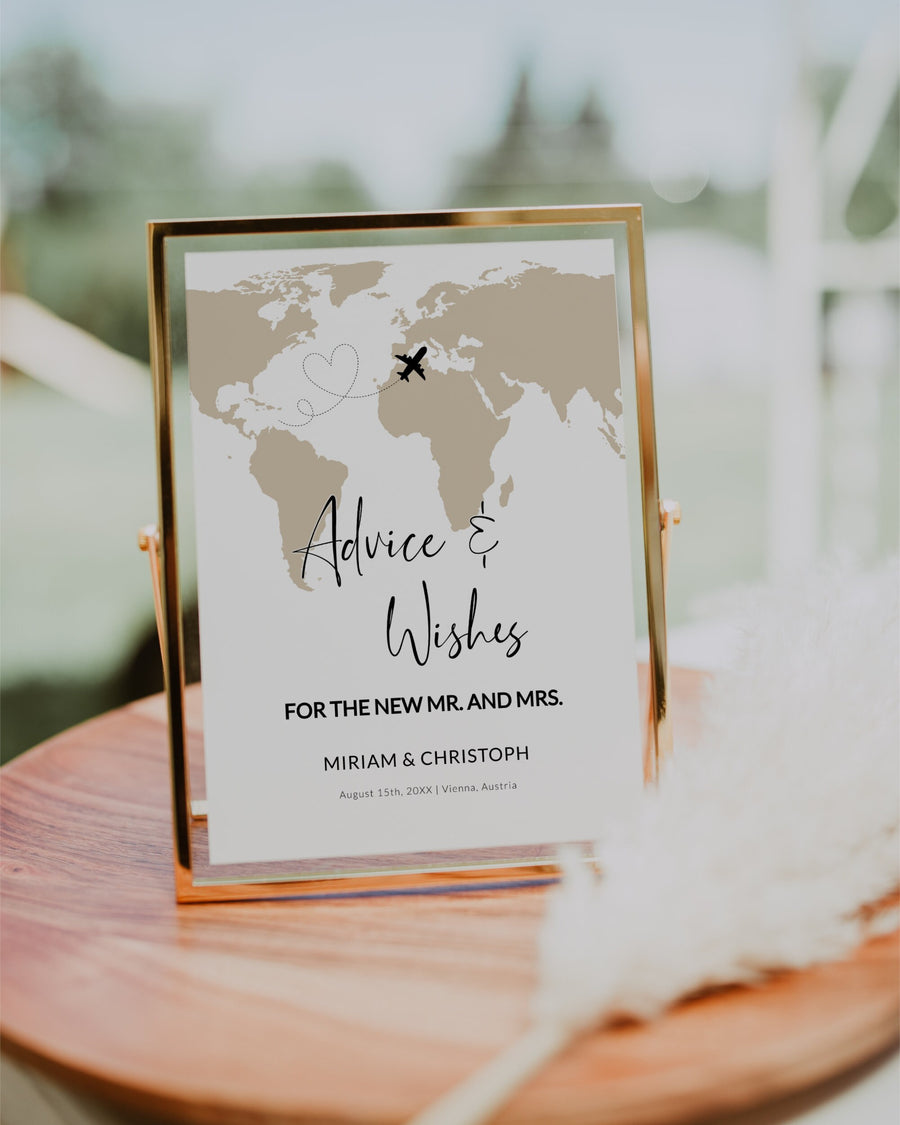 Destination Wedding Advice and Wishes Sign Template, World Map Printable Gift 072W-ADSIGN - marryful.org