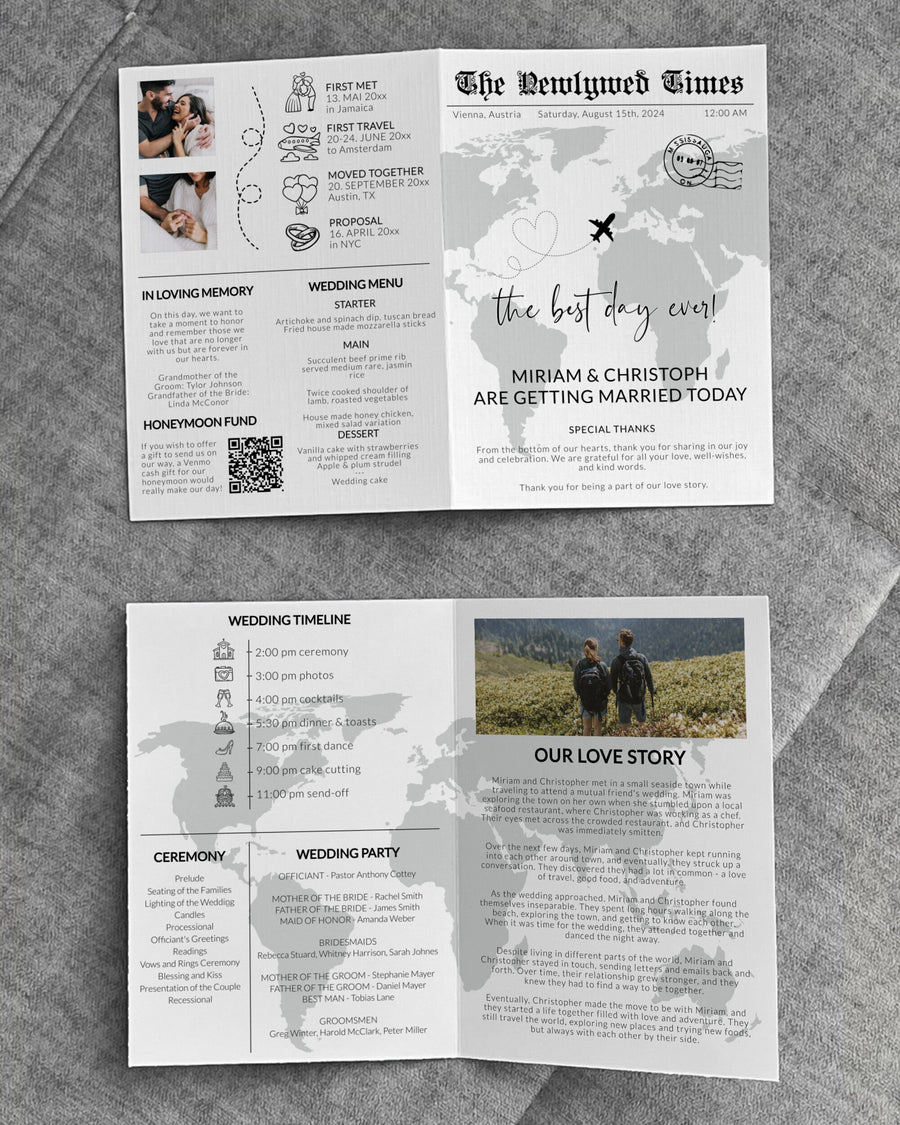 Destination Wedding Program Template, Travel Newspaper Timeline Printable 072W-NWPT - marryful.org