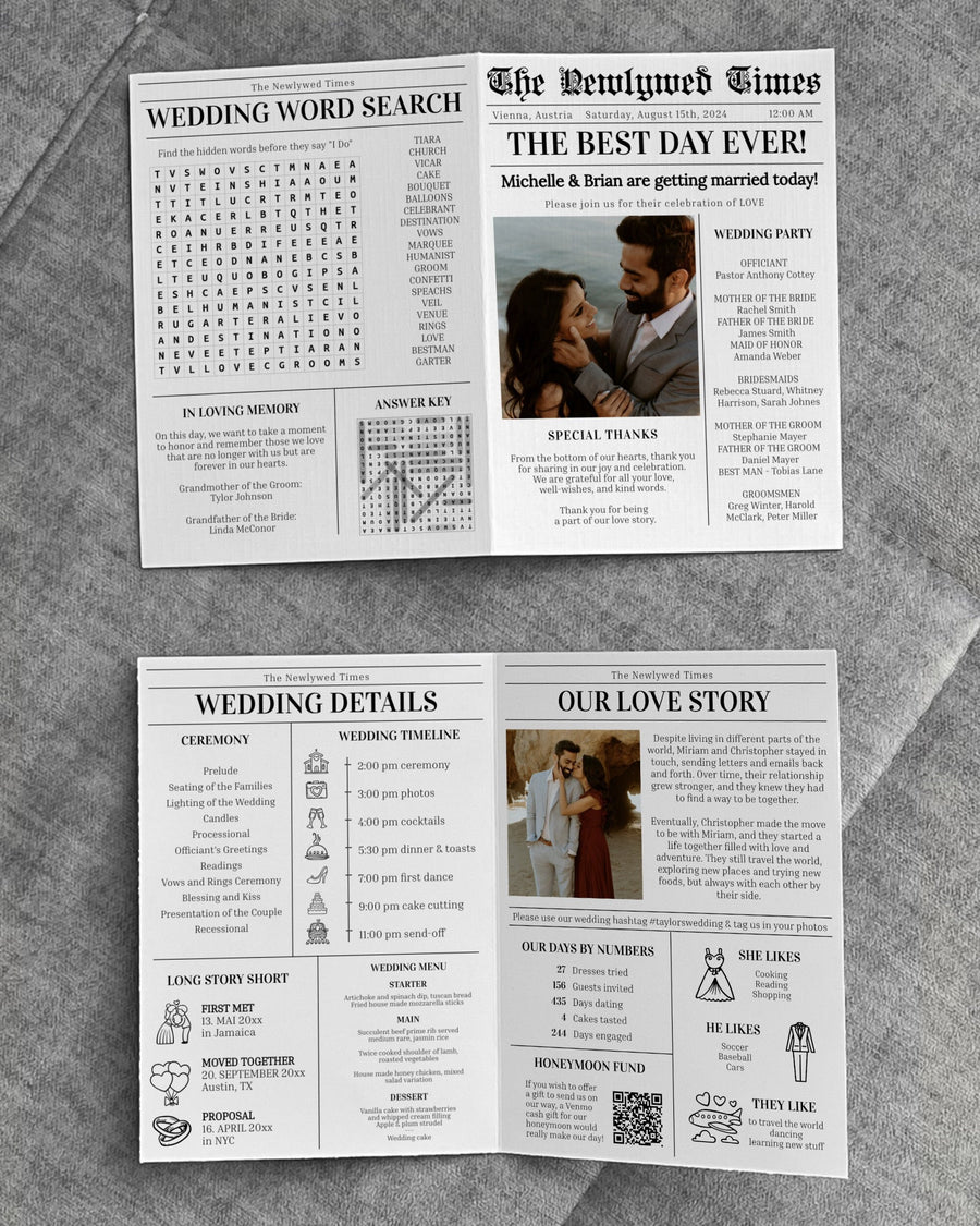 Newspaper Wedding Program with Crossword, Timeline and Infographic Itinerary, Modern Wedding Printable Template #065b - marryful.org