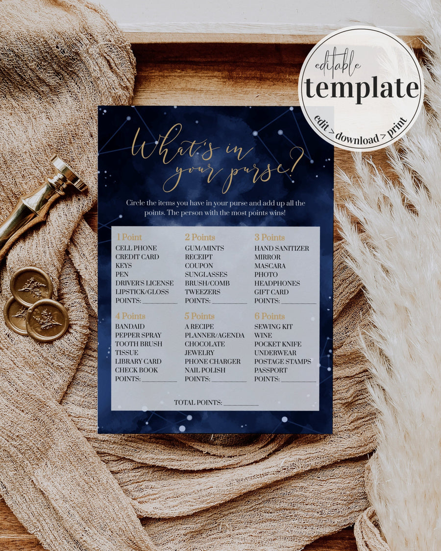 Celestial Bridal Shower Game, What’s in Your Purse Printable Moon and Stars Template 066CE-GAME - marryful.org