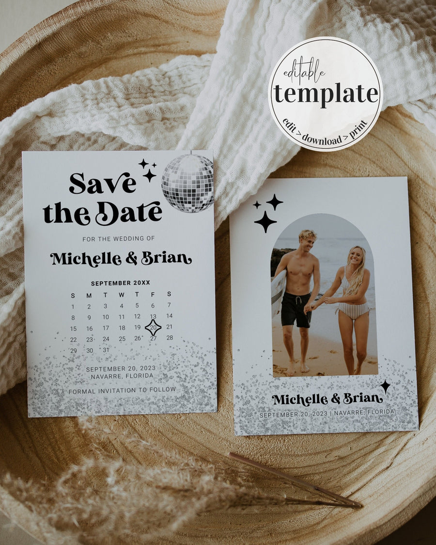 Disco Wedding Save the Date Calendar, Groovy 70s Wedding Celebration Printable Editable Template 065D-STDC - marryful.org