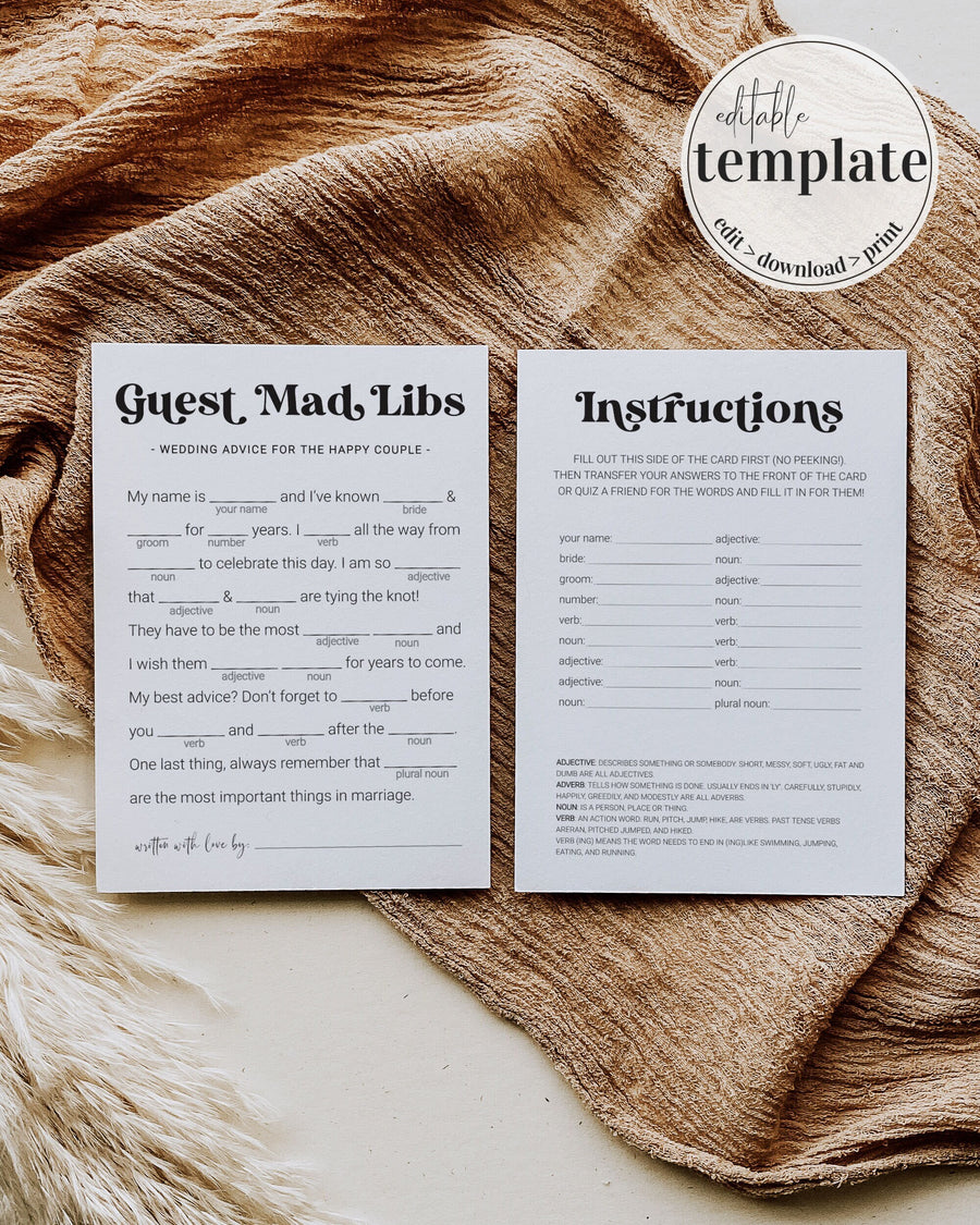 Mad Libs Wedding Guest Book Game, Minimalist Modern Bridal Shower Printable Editable Template 065B-GAME - marryful.org