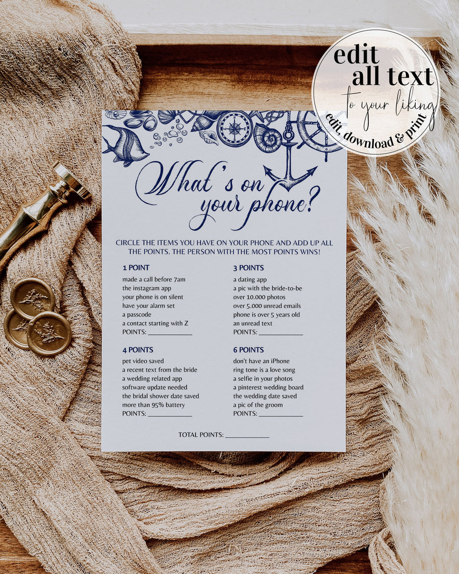 Nautical Bridal Shower Game Template, What’s On Your Phone Beach Theme Printable 071NA-GAME - marryful.org