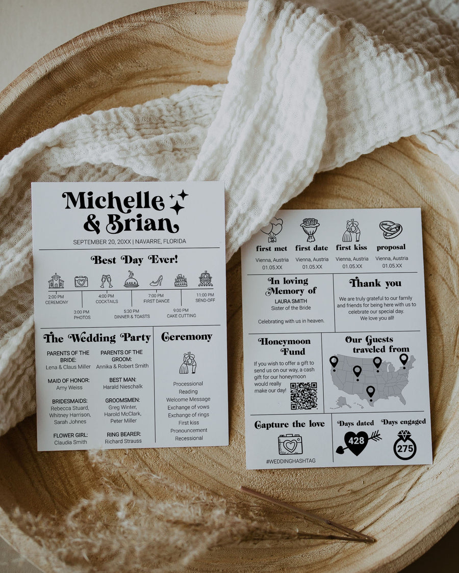 Retro 70s Wedding Program Template, Groovy Timeline Itinerary Infographic 065B-PROG - marryful.org