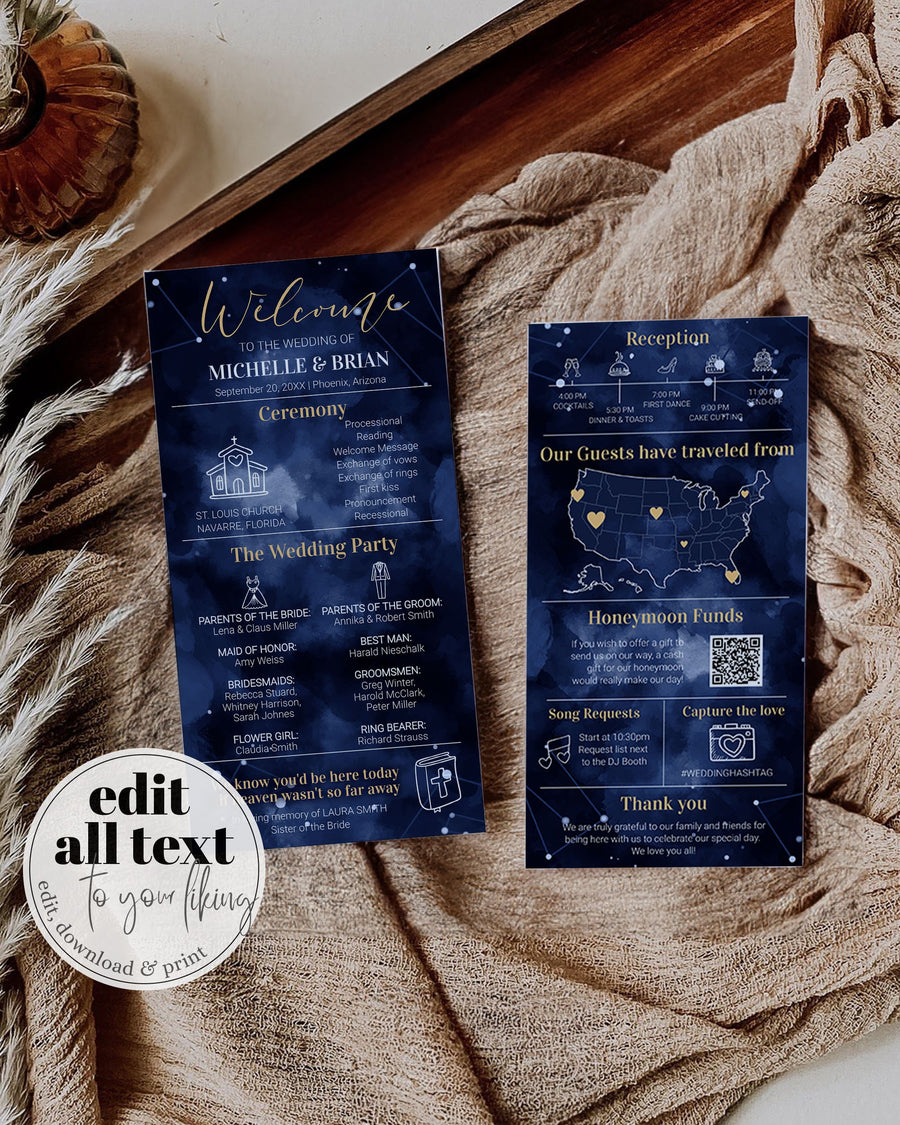 Celestial Wedding Program Printable, Starry Night Moon Ceremony Newspaper Template 066CE-WEPRO - marryful.org