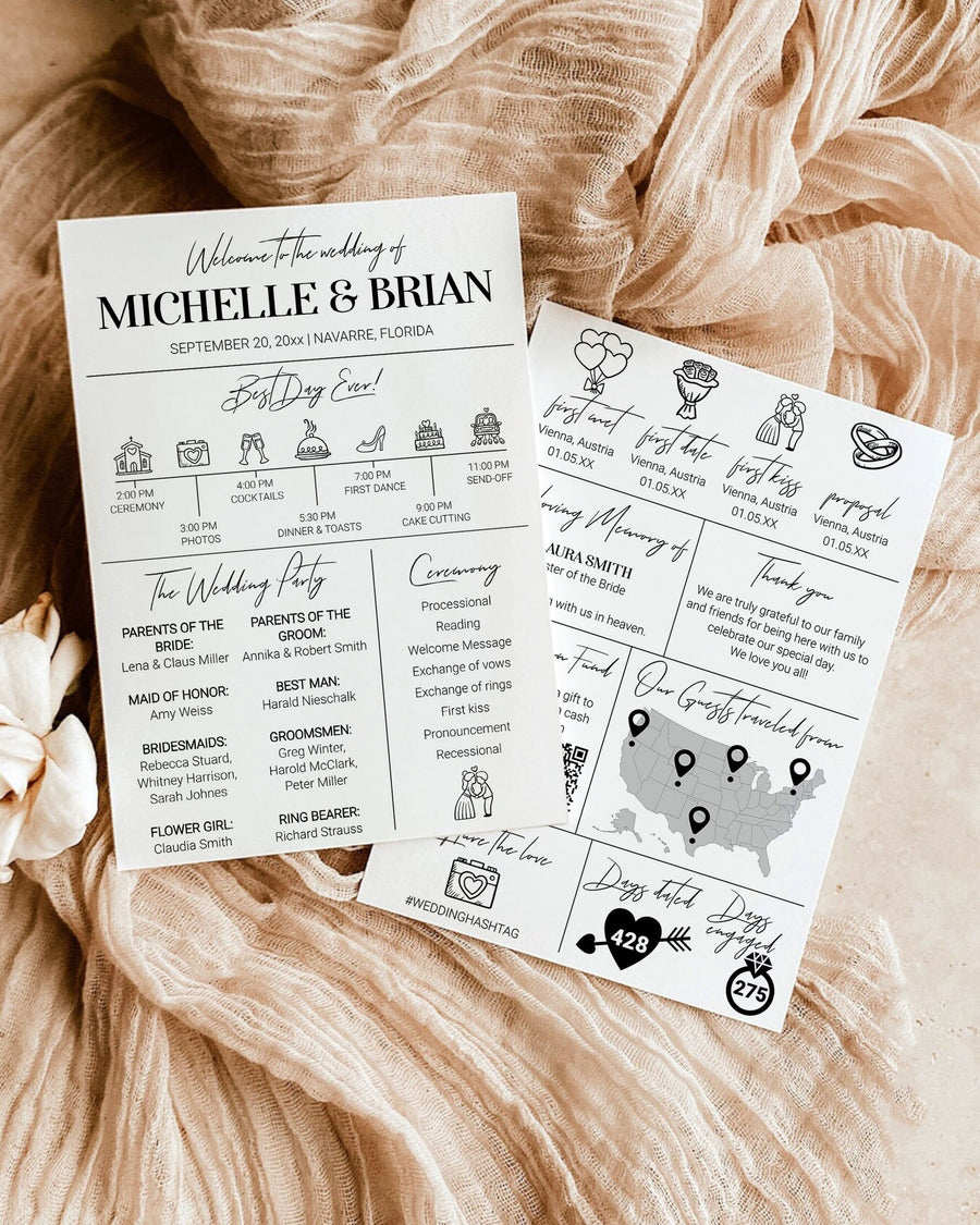 Wedding Newspaper Program with Timeline and Itinerary for Classic Minimalist Wedding | Modern Ceremony Program | Printable Template #022 - marryful.org