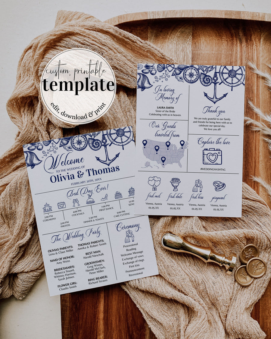 Nautical Wedding Program Template, Beach Destination Timeline Newspaper Printable 071NA-WENP - marryful.org