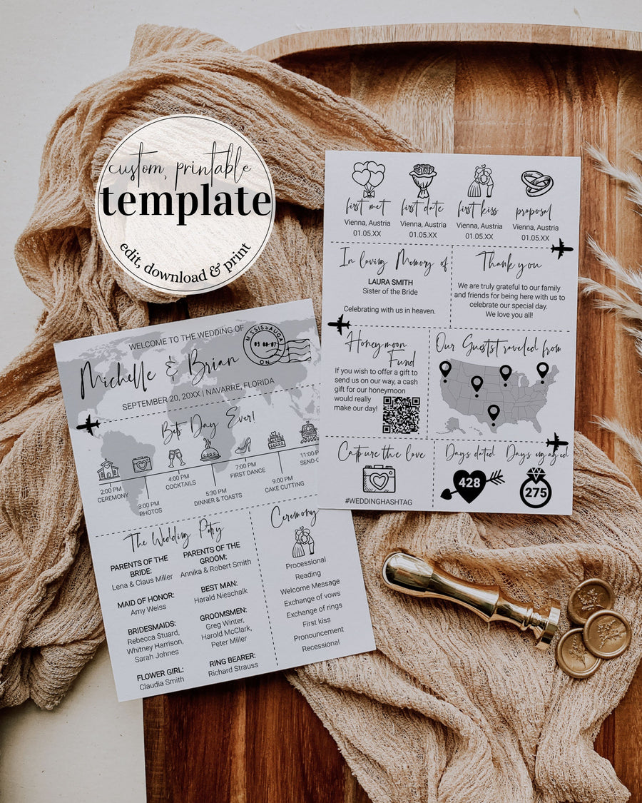 Destination Wedding Program Template, Travel Themed Timeline Newspaper Printable 072W-NWPT2 - marryful.org