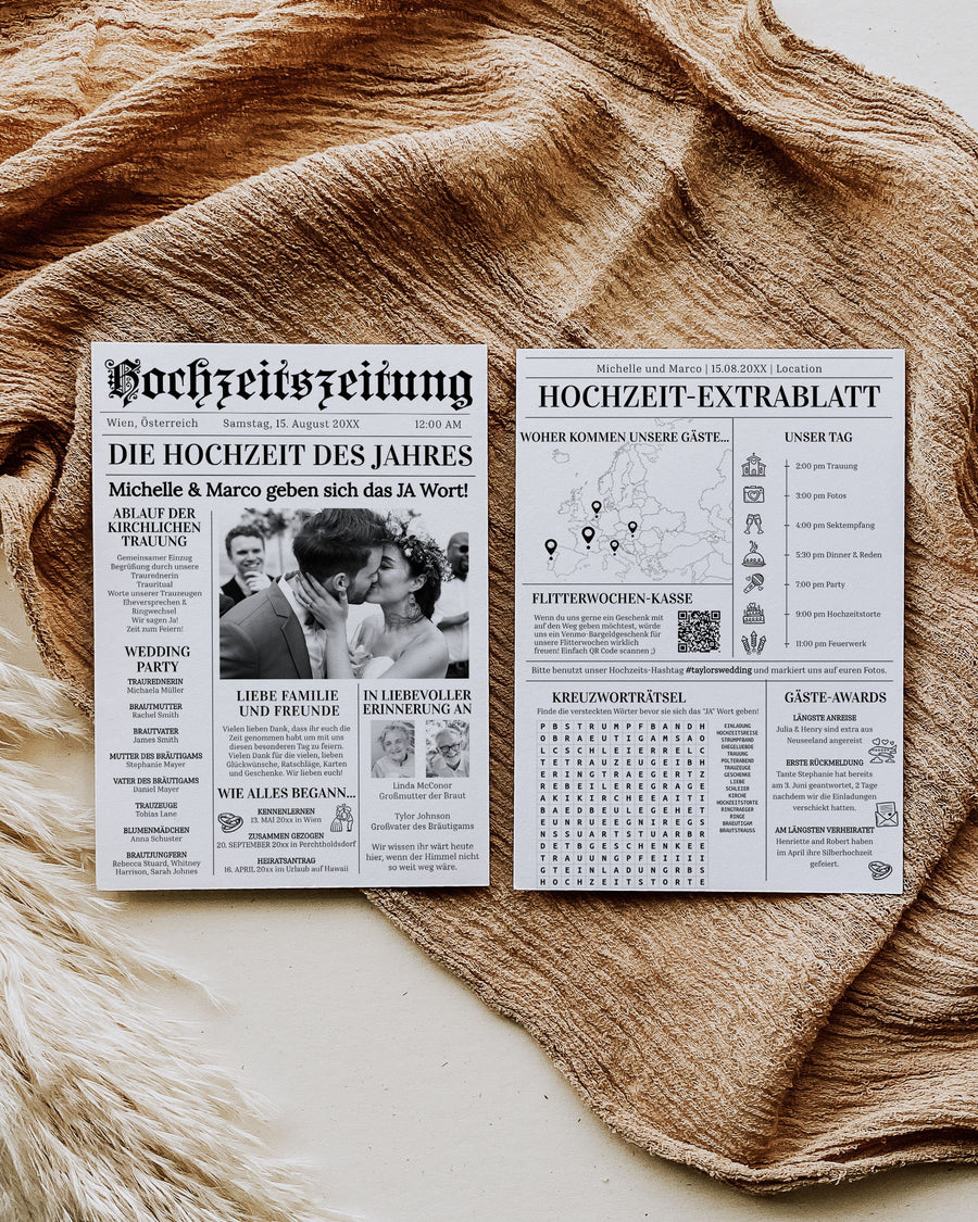 DEUTSCH Wedding Newspaper Program Template, Folded Timeline Infographic Crossword Puzzle Ceremony Editable Printable 065BWILA - marryful.org