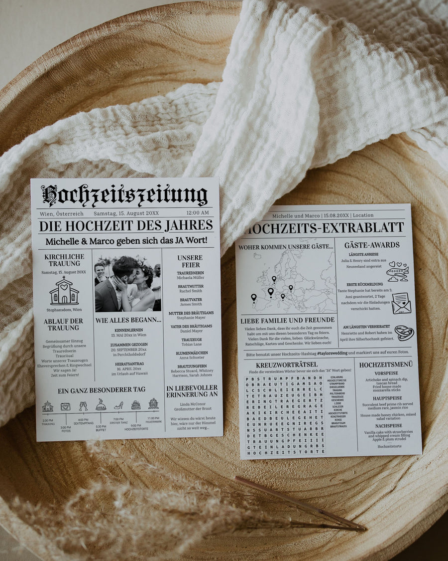 DEUTSCH Hochzeitszeitung Template, Newspaper Wedding Program Timeline Itinerary Crossword Editable Folded Modern Printable 065B-WENP - marryful.org