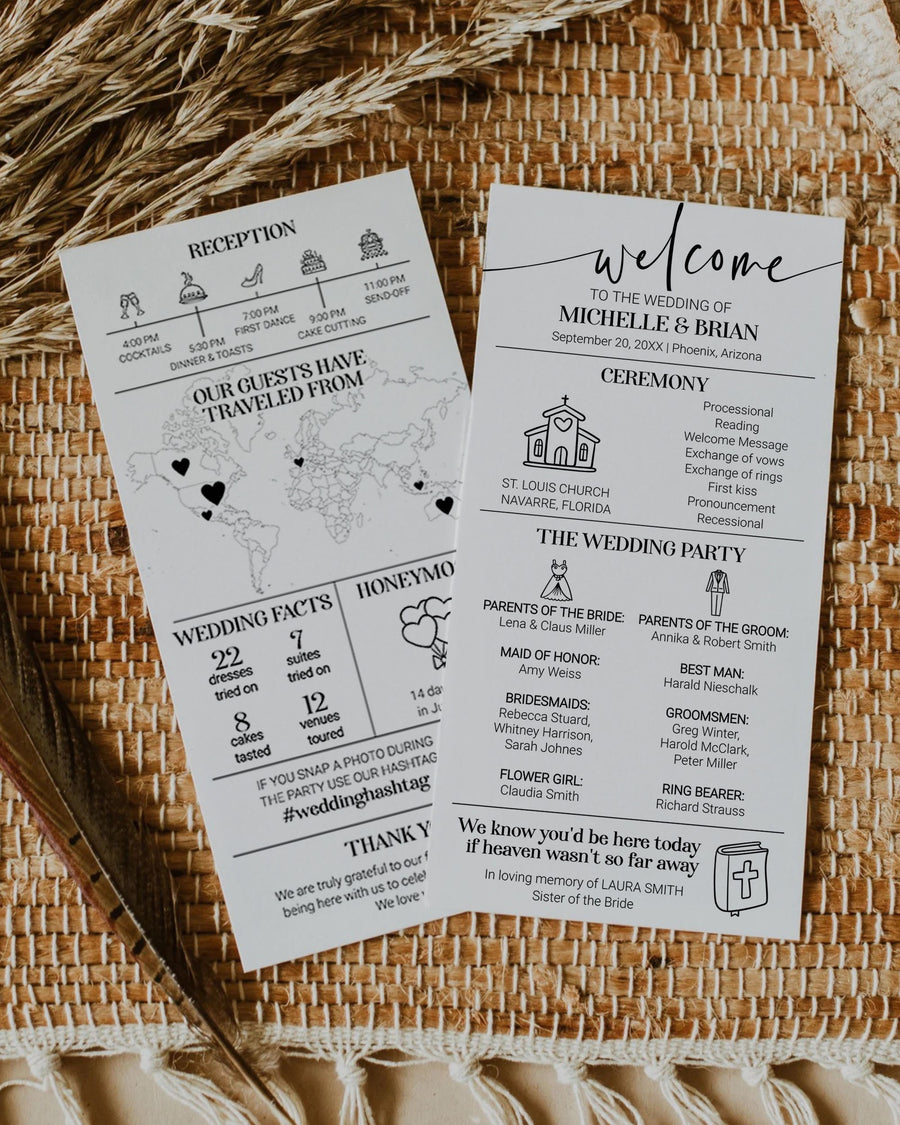 Wedding Infographic Programs Template with Newspaper Character - Timeline Itinerary and fun facts Classic Wedding | Printable Template #072 - marryful.org