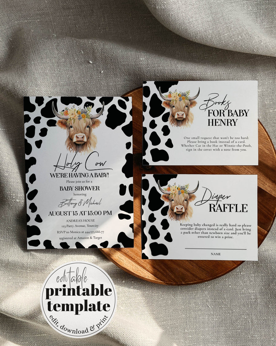 Highland Cow Baby Shower Invitation Set, Holy Cow Floral Boho Template 022COW-BSINV - marryful.org
