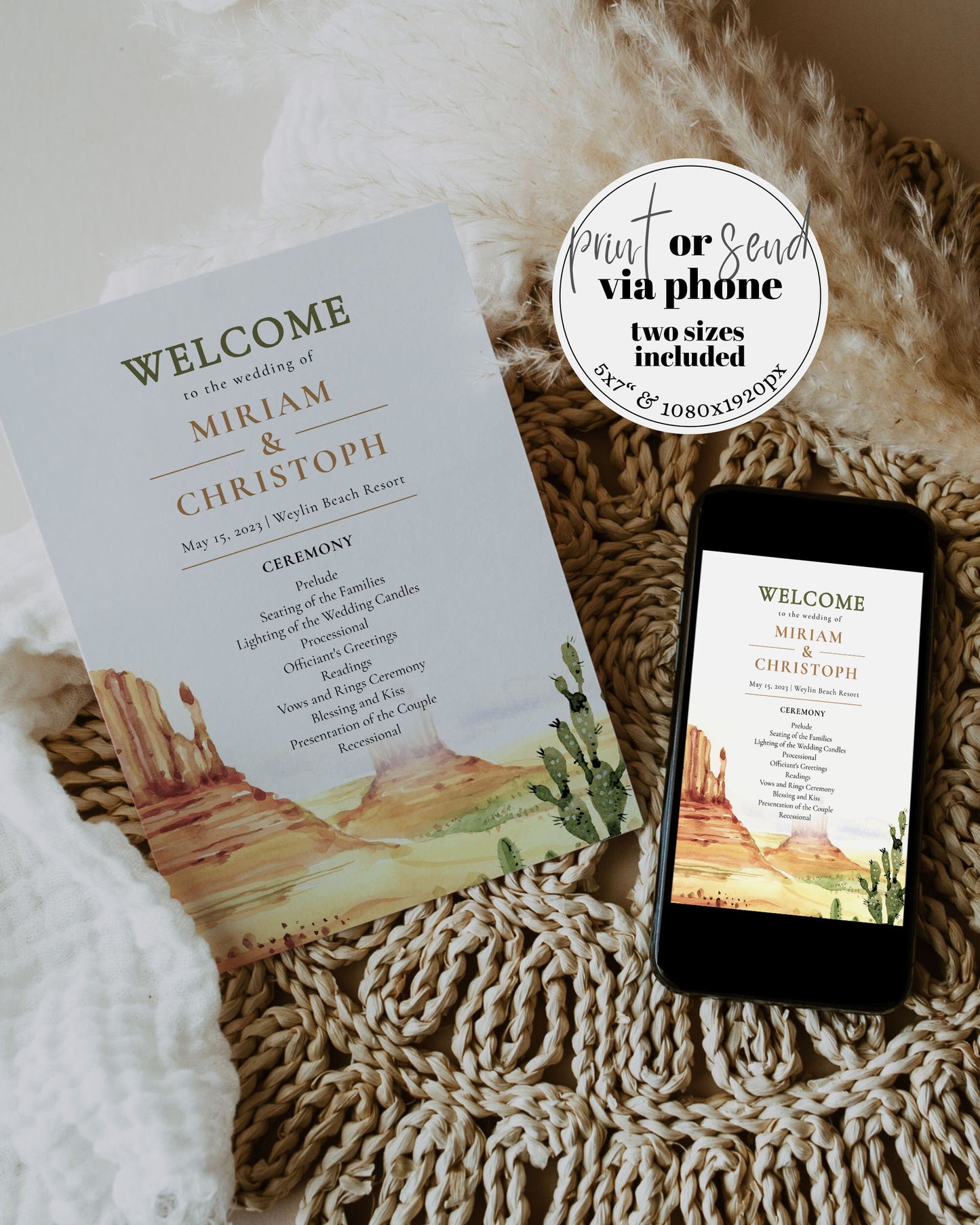 Desert Wedding Program and Itinerary for Arizona Boho Wedding | Rustic Wester Wedding Decorations | Printable Program Template Wedding #064 - TheLovebirdsDesign