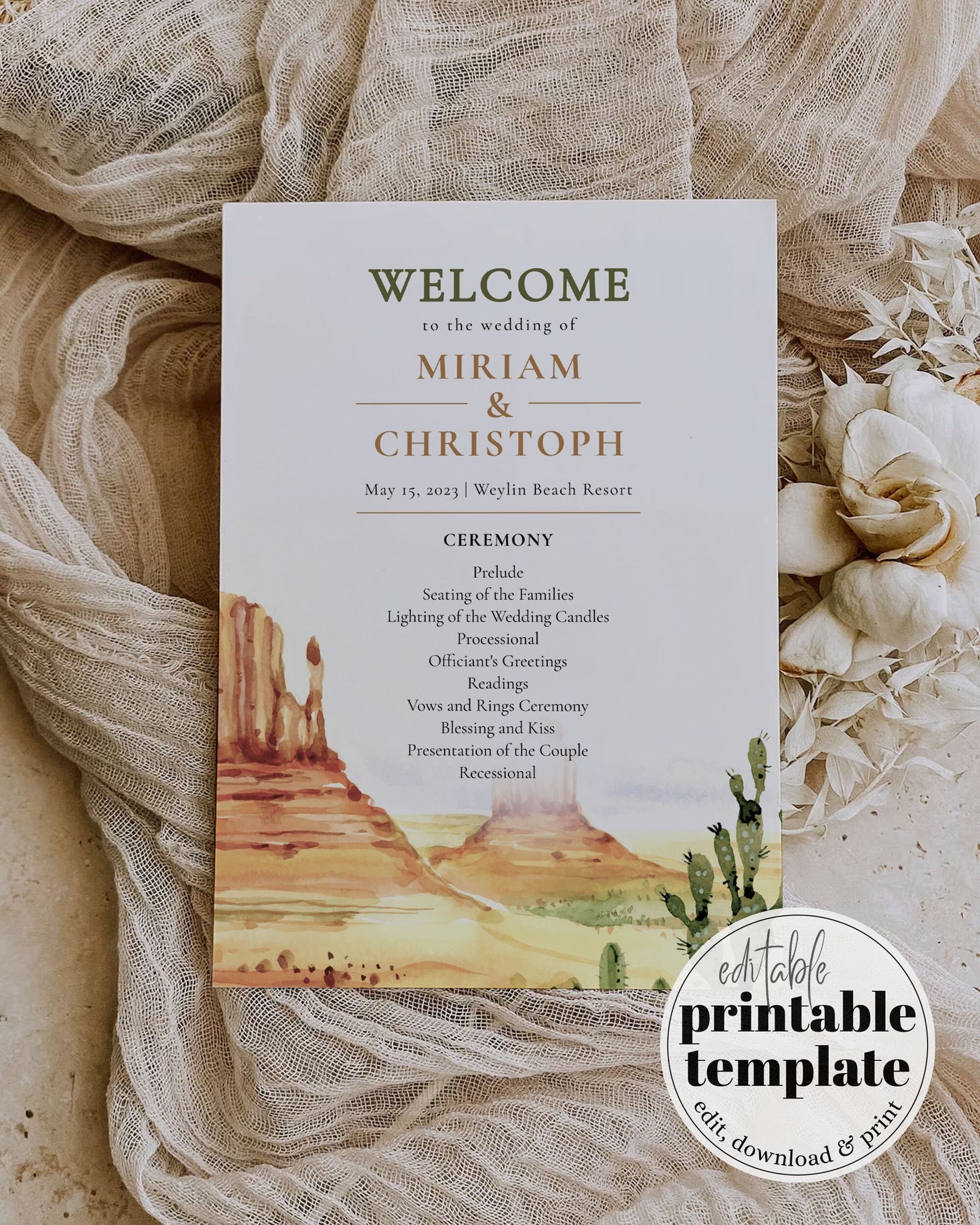Desert Wedding Program and Itinerary for Arizona Boho Wedding | Rustic Wester Wedding Decorations | Printable Program Template Wedding #064 - TheLovebirdsDesign
