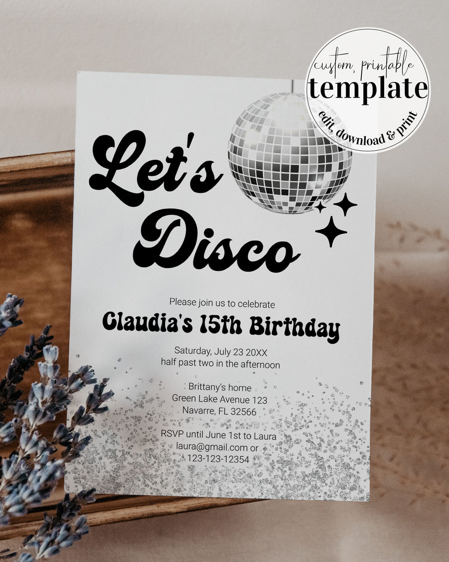 Editable Disco Ball Birthday Invitation | Groovy 70s Retro Birthday Party Invite | Birthday Any Age | Instant Download Template #065d - marryful.org