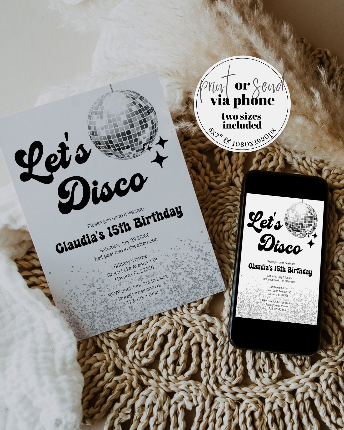 Editable Disco Ball Birthday Invitation | Groovy 70s Retro Birthday Party Invite | Birthday Any Age | Instant Download Template #065d - TheLovebirdsDesign