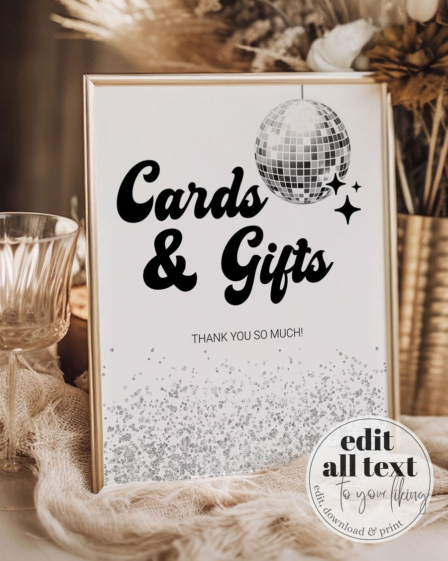 Editable Retro Disco Cards and Gifts Custom Sign | Groovy Baby Shower Poster | 70s Disco Ball Birthday Sign | Printable Template #065d - marryful.org