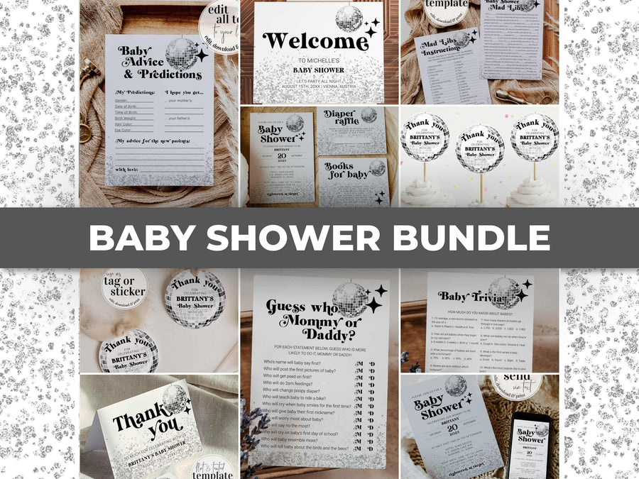 Disco Baby Shower Bundle with 70s theme invitation, Groovy Welcome Sign, Shower Games, Decor, Thank you Card | Printable Template #065d - marryful.org