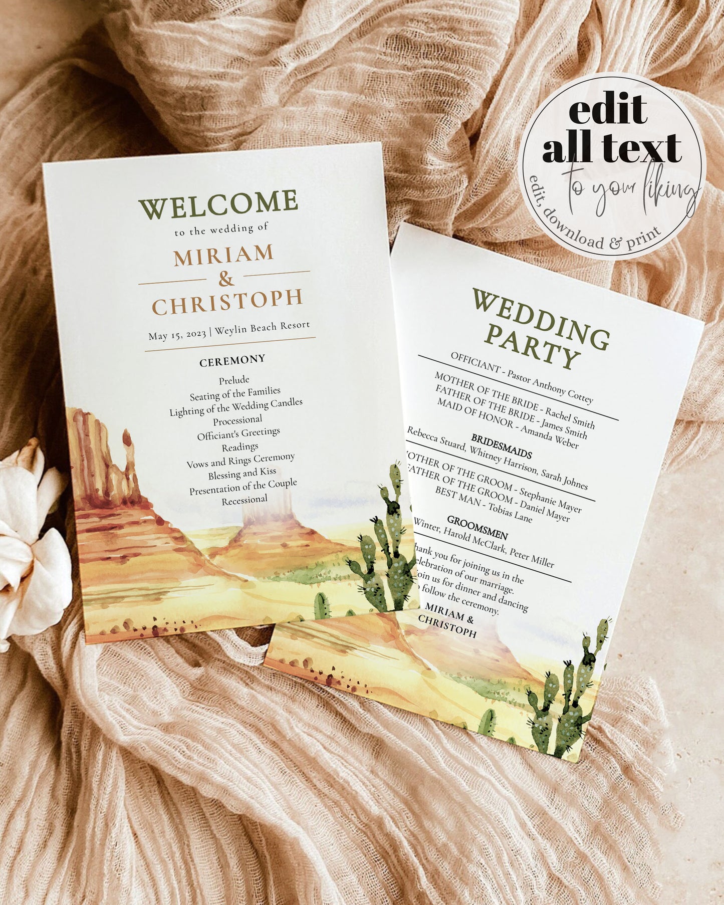 Desert Wedding Program and Itinerary for Arizona Boho Wedding | Rustic Wester Wedding Decorations | Printable Program Template Wedding #064 - TheLovebirdsDesign