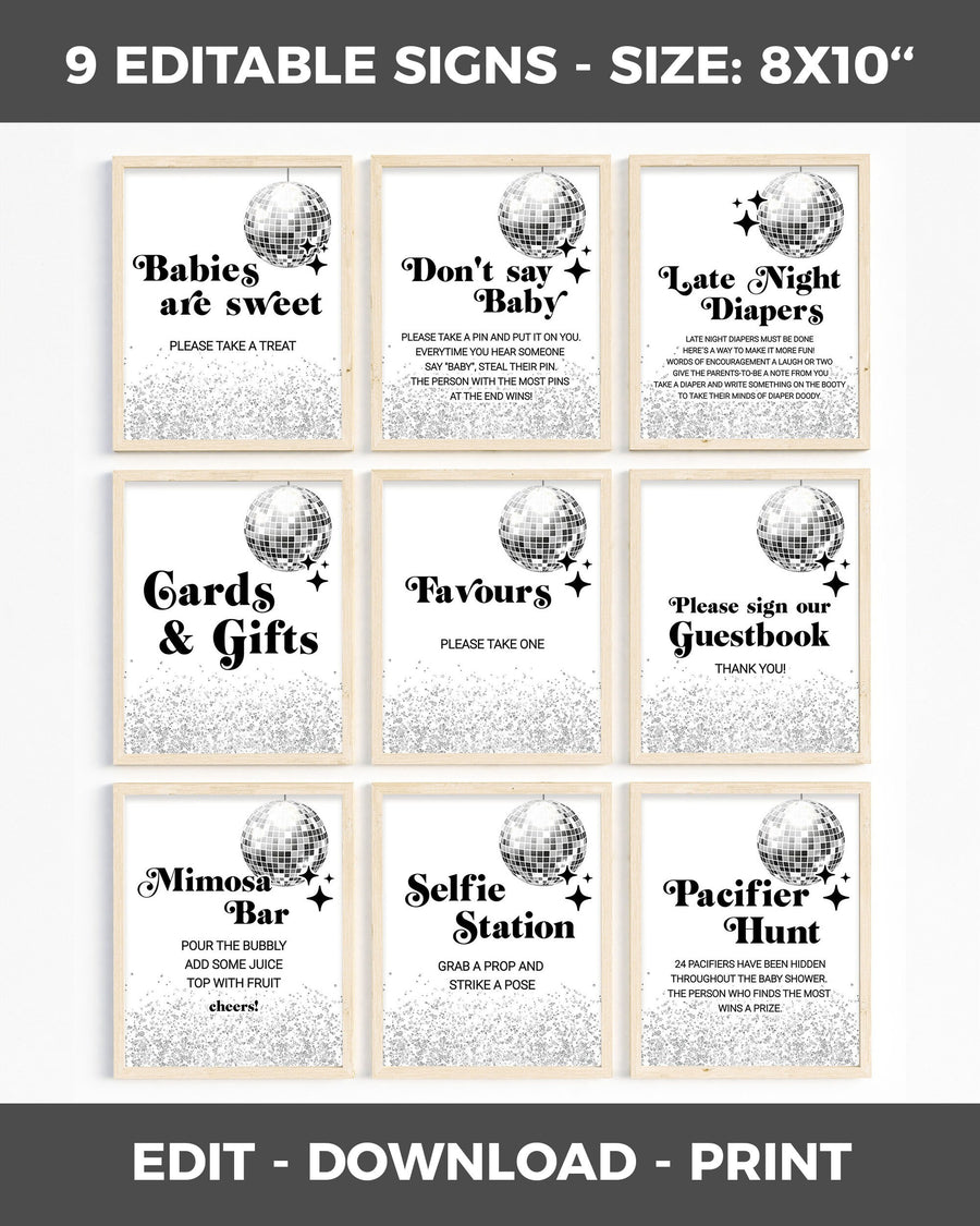 Disco Baby Shower Sign Bundle, Retro Groovy Party Decor, Editable Nine Piece Template 065D-BSSIGN - marryful.org
