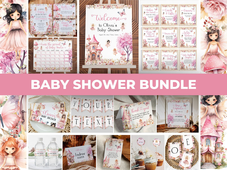 Pink Fairy Baby Shower Bundle, Printable Invitation Signs Decor Set 023FA-BSBUNDLE - marryful.org