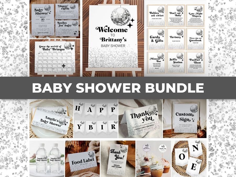 Retro Disco Baby Shower Bundle, Invitation Decor Signs Games Cards Banner Editable Templates - marryful.org