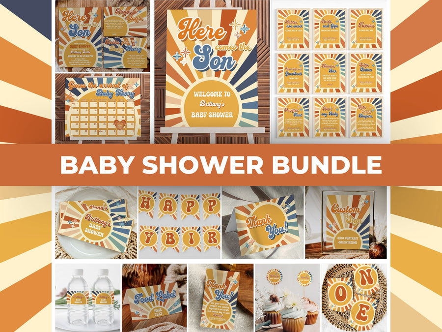 Sun Baby Shower Bundle | Here Comes the Son Invitation & Decor Set | Retro Baby Shower Bundle for Sunshine Baby Boy, Printable Template #081 - marryful.org