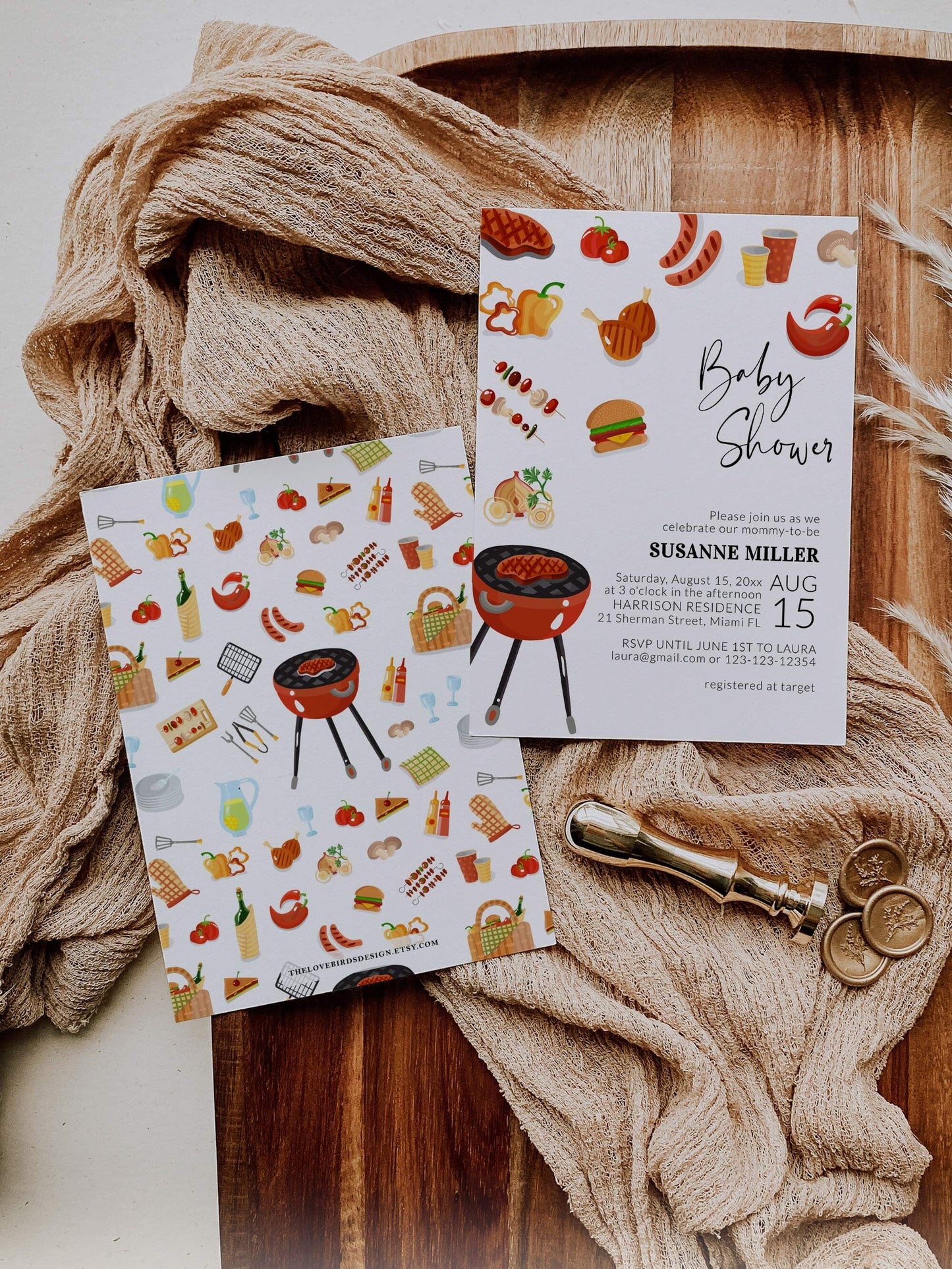 BBQ Baby Shower Invitation Template to Download and Print, Barbeque Shower Invite with Diaper Raffle & Books for Baby #072a - TheLovebirdsDesign