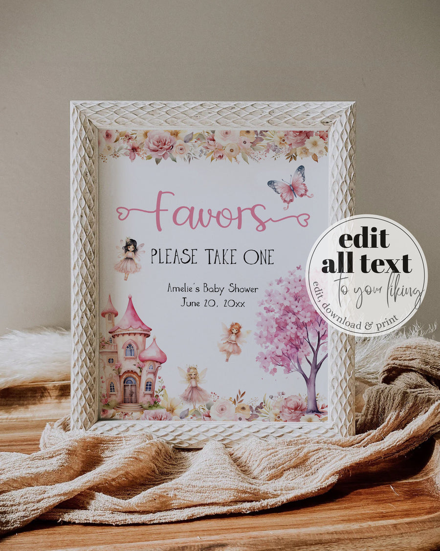 Pink Fairy Baby Shower Favors Sign, Enchanted Fairy Theme 8x10 23FA-SIGN - marryful.org