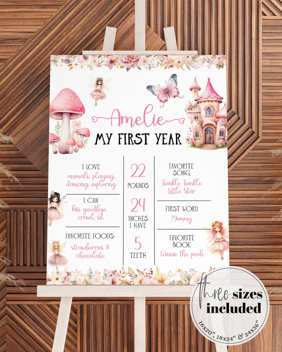 Pink Fairy Baby Milestone Board Template, First Birthday Enchanted Theme Sign 023FA-MISI - marryful.org