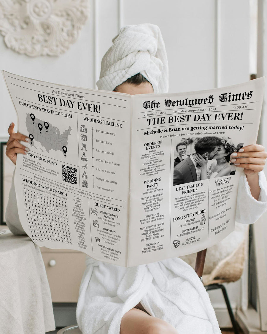 Wedding Newspaper Program Template, Printable Itinerary Timeline Unique Wedding Keepsake Editable Folded Modern 065B-WENP - marryful.org