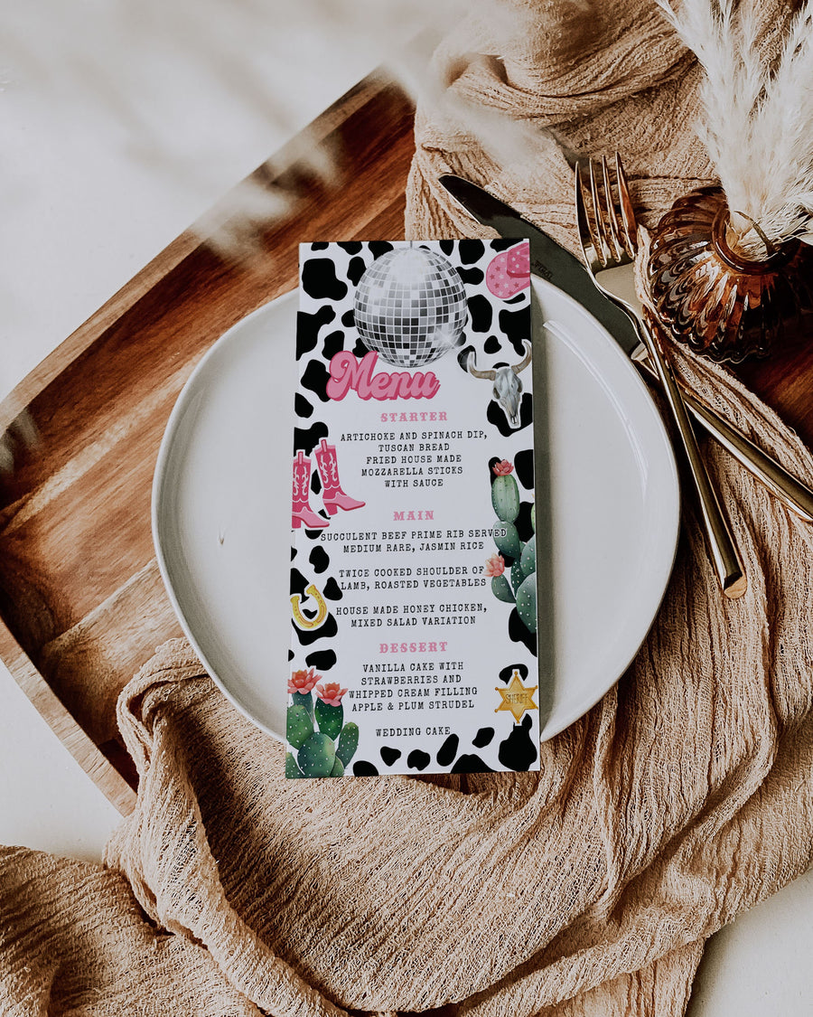 Disco Cowgirl Menu Card Template, Nashville Space Cowgirls Party Printable Decor 022PIDC-MENU - marryful.org