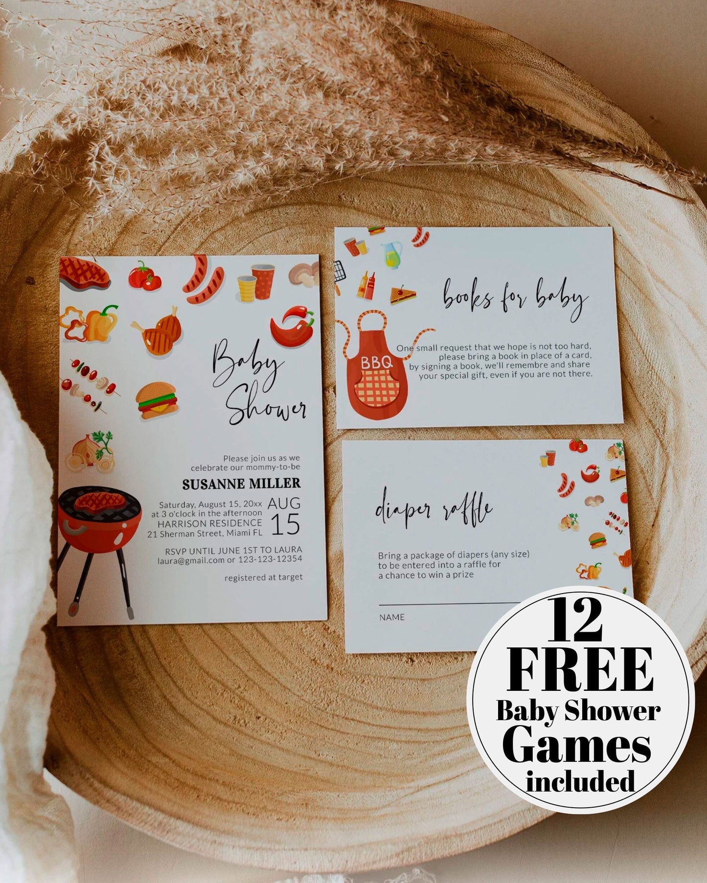 BBQ Baby Shower Invitation Template to Download and Print, Barbeque Shower Invite with Diaper Raffle & Books for Baby #072a - TheLovebirdsDesign