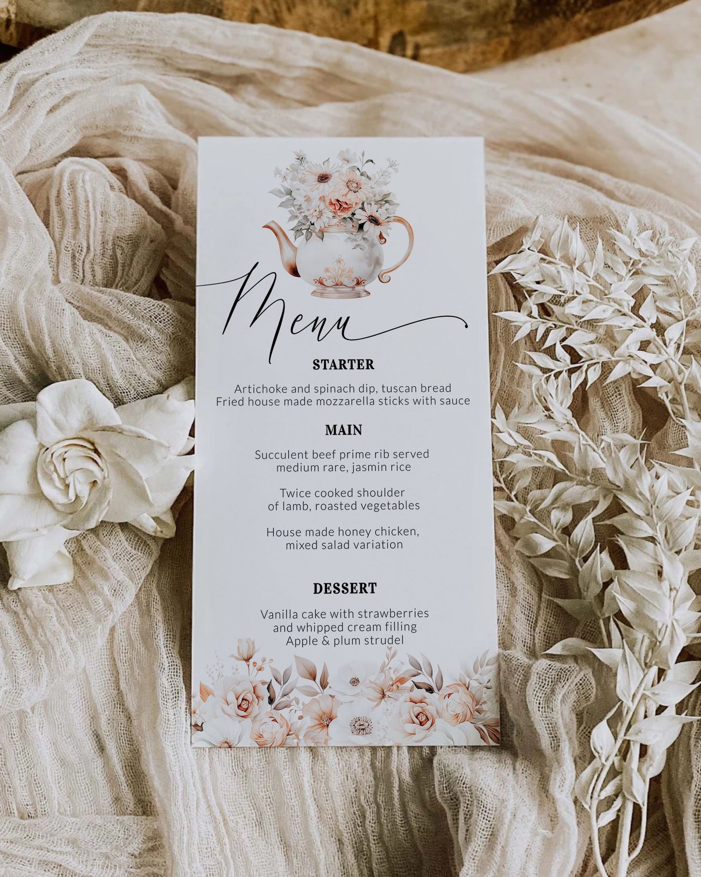 Bridgertone Themed Teaparty Menu Cards, Bridal Teaparty Decorations, Floral Regency Core Bridal Brunch or Picknick Menu Template #073 - TheLovebirdsDesign