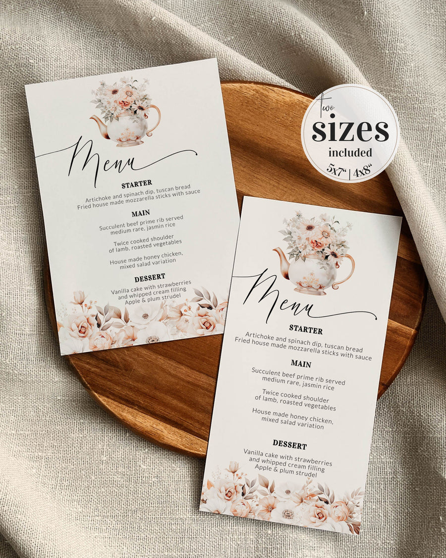 Bridgertone Themed Teaparty Menu Cards, Bridal Teaparty Decorations, Floral Regency Core Bridal Brunch or Picknick Menu Template #073 - TheLovebirdsDesign
